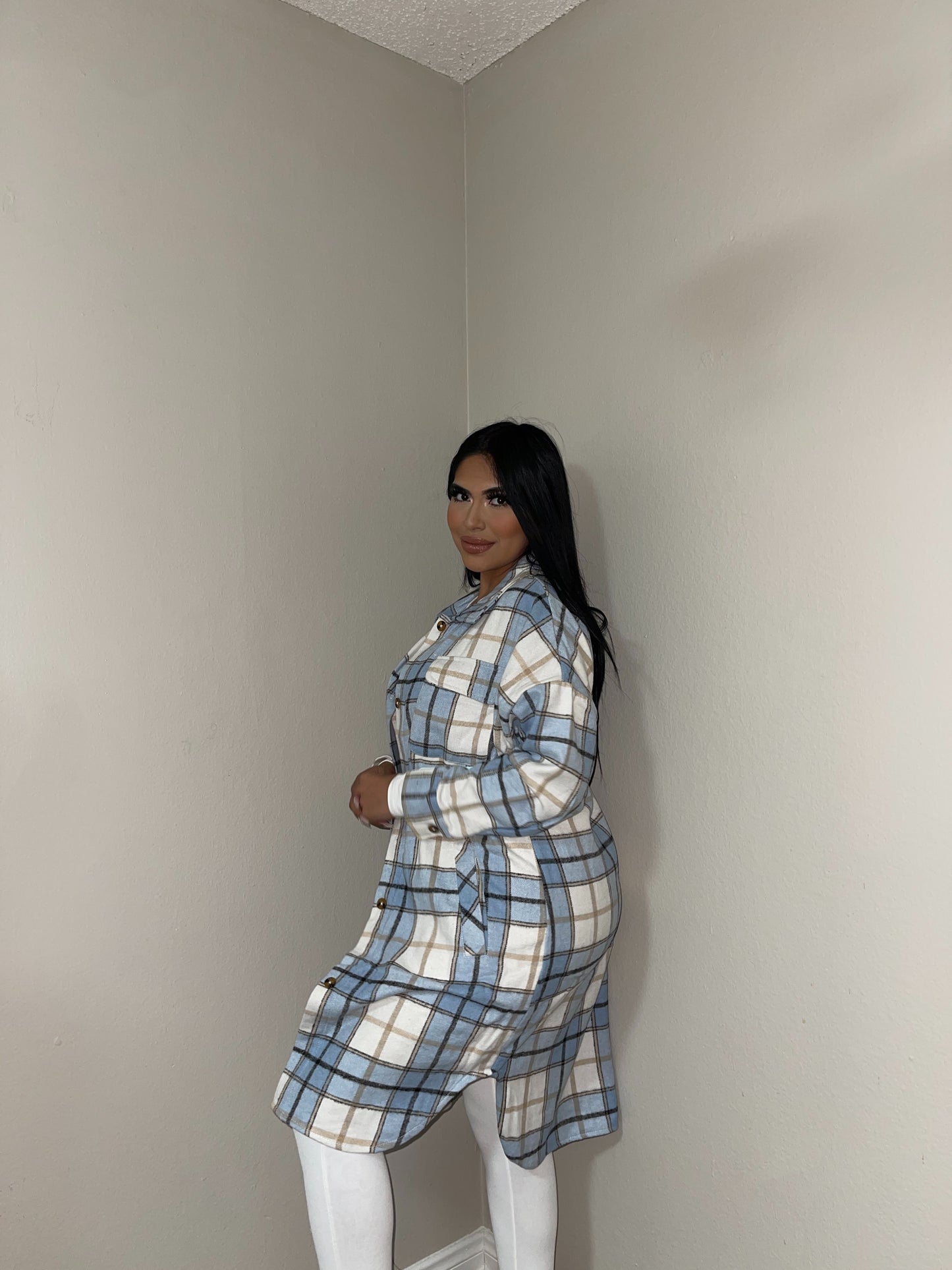 Plaid Long T-Shirt (Blue&Cream)