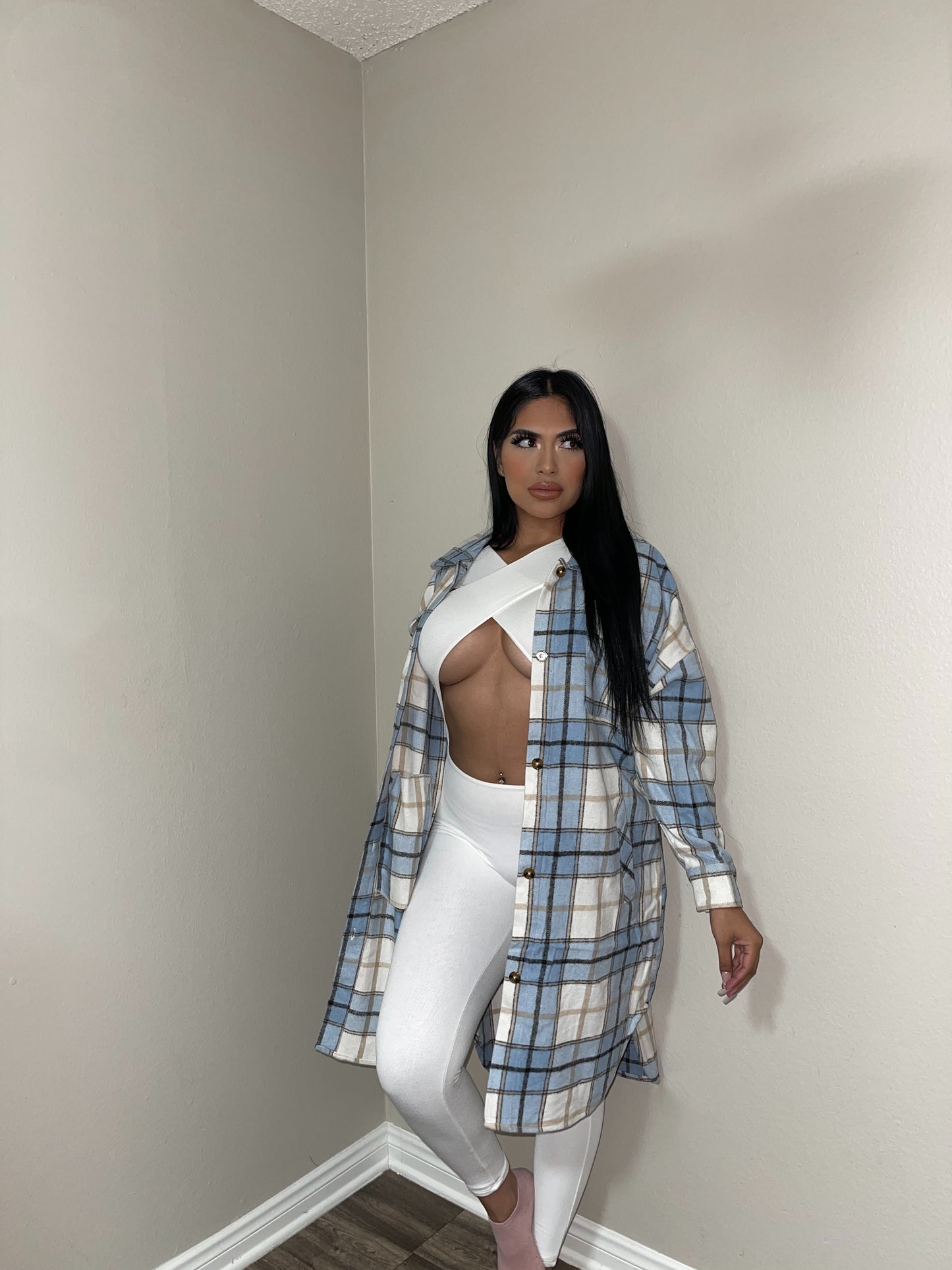 Plaid Long T-Shirt (Blue&Cream)